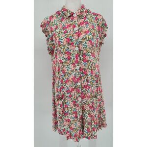 Retro 90s Cottagecore Boho Floral Women Dress Medium Whimsy Pink Buttons Ruffle